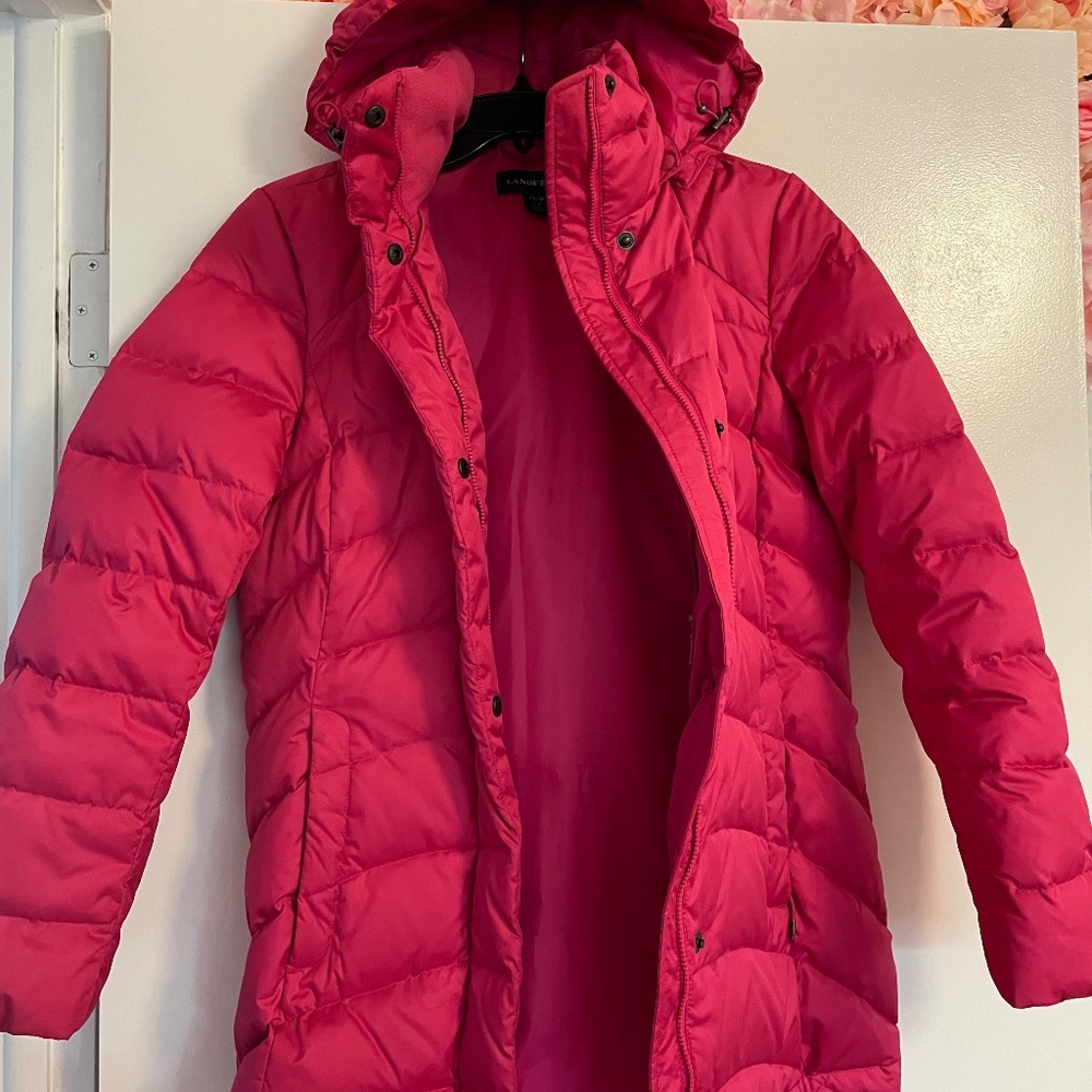 Land’s End pink puffer jacket with hoodie